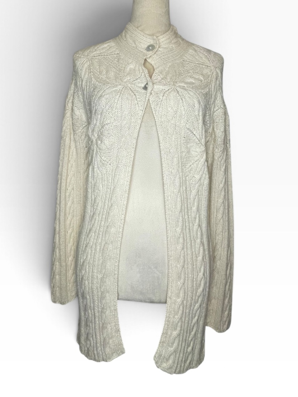 LANART Baby Alpaca Hand Crafted Cream Cable Knit Open Cardigan - Size M